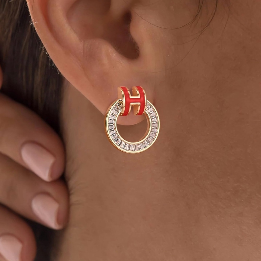 Gold Stud Earrings 14K Gold Earrings Enamel Earrings H Stud Earrings